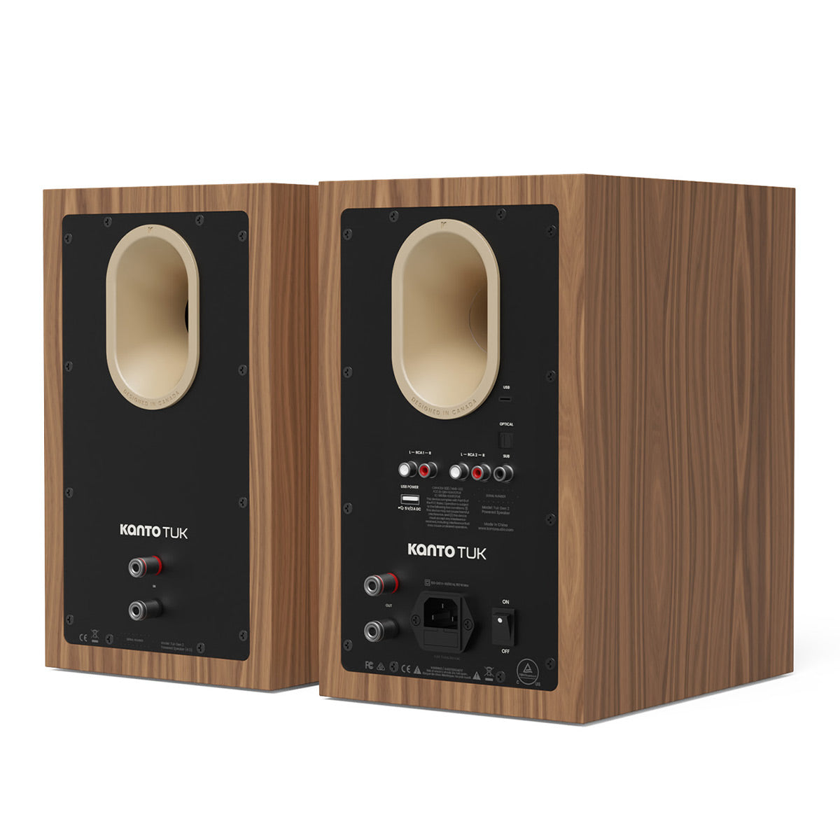 Pair of matte walnut bookshelf speakers with rear-facing ports and multiple input connections