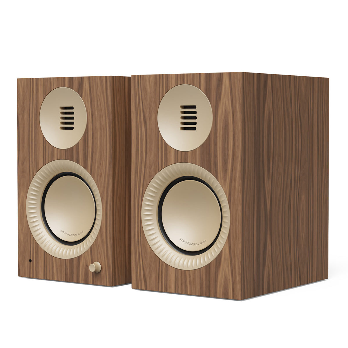 Pair of bookshelf speakers with matte walnut wood cabinets and cream-colored drivers