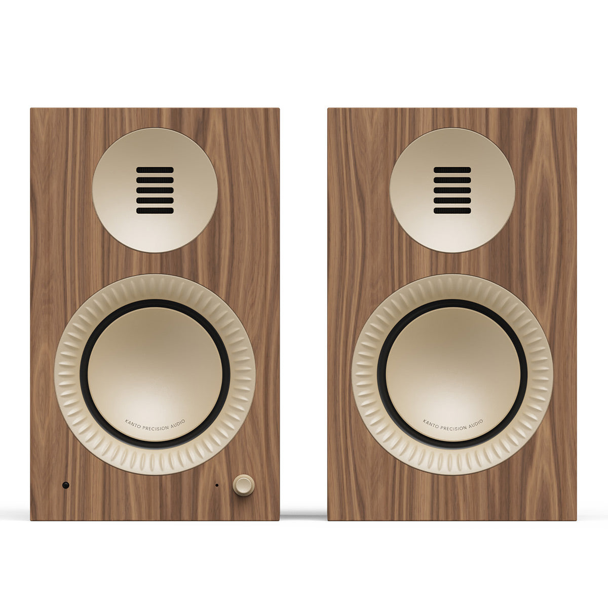 Pair of matte walnut bookshelf speakers with cream-colored drivers and a front volume knob