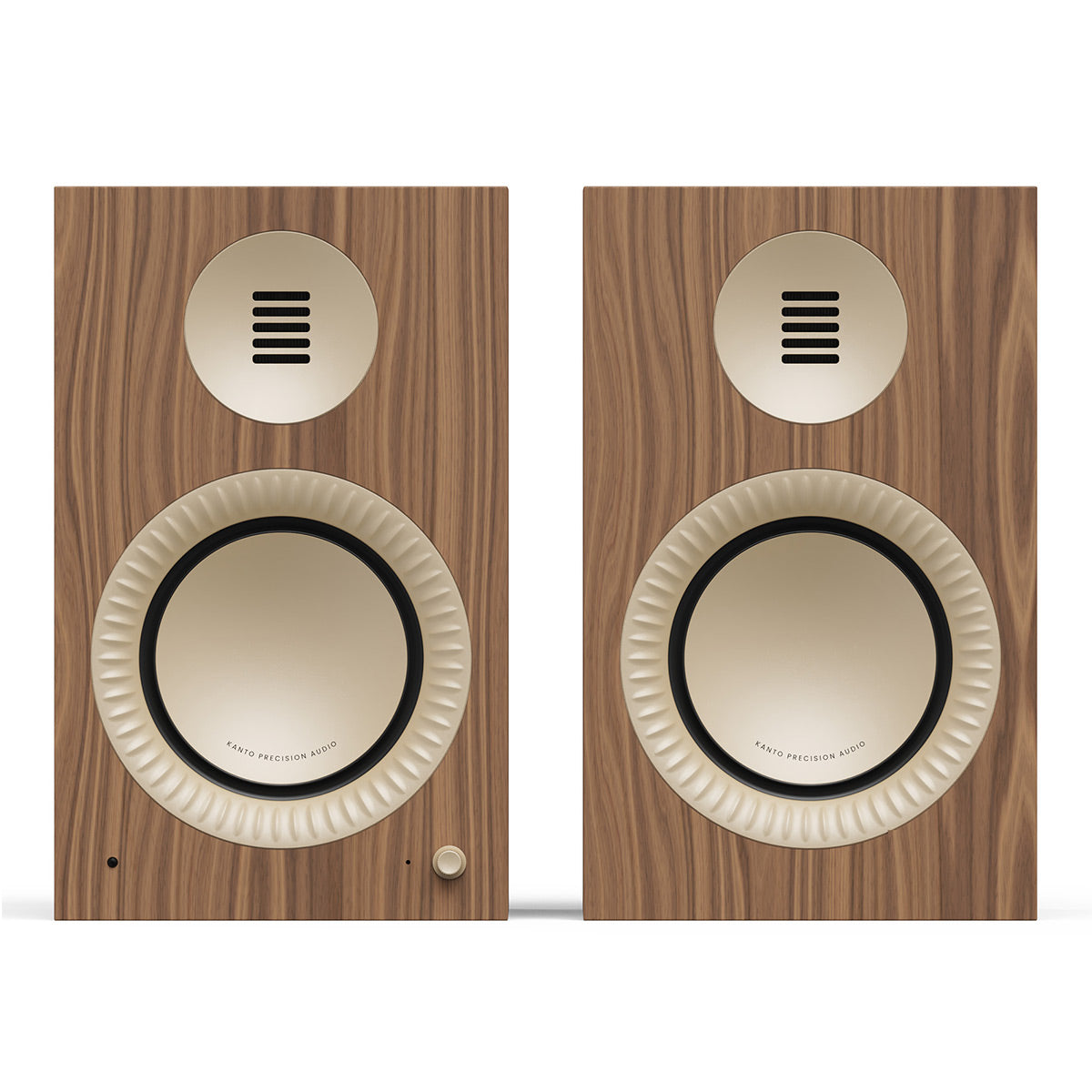 Pair of matte walnut bookshelf speakers with cream-colored drivers and gold-toned tweeters