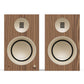 Pair of matte walnut bookshelf speakers with cream-colored drivers and gold-toned tweeters