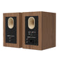 Pair of matte walnut bookshelf speakers with rear-facing ports and multiple input connections