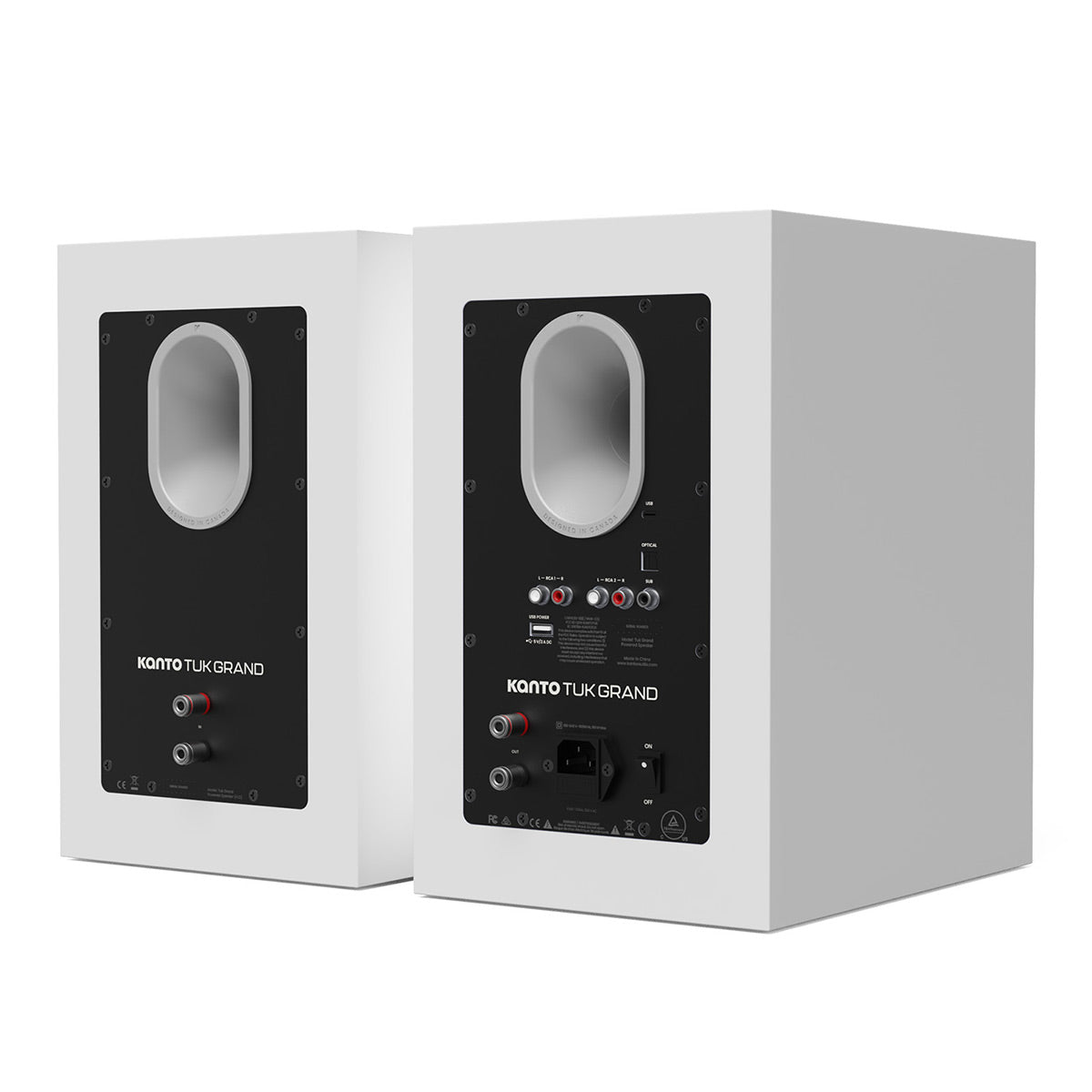 Matte white bookshelf speakers with black rear panels featuring oval ports and multiple input jacks