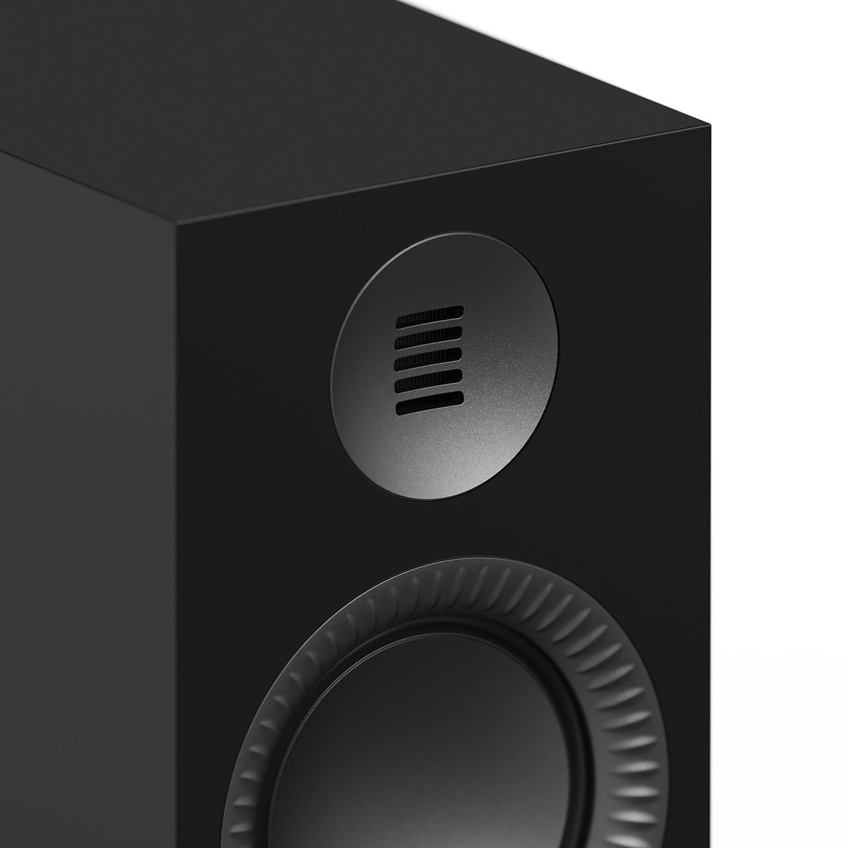 Matte black bookshelf speaker with a circular tweeter and a woofer with a ribbed surround