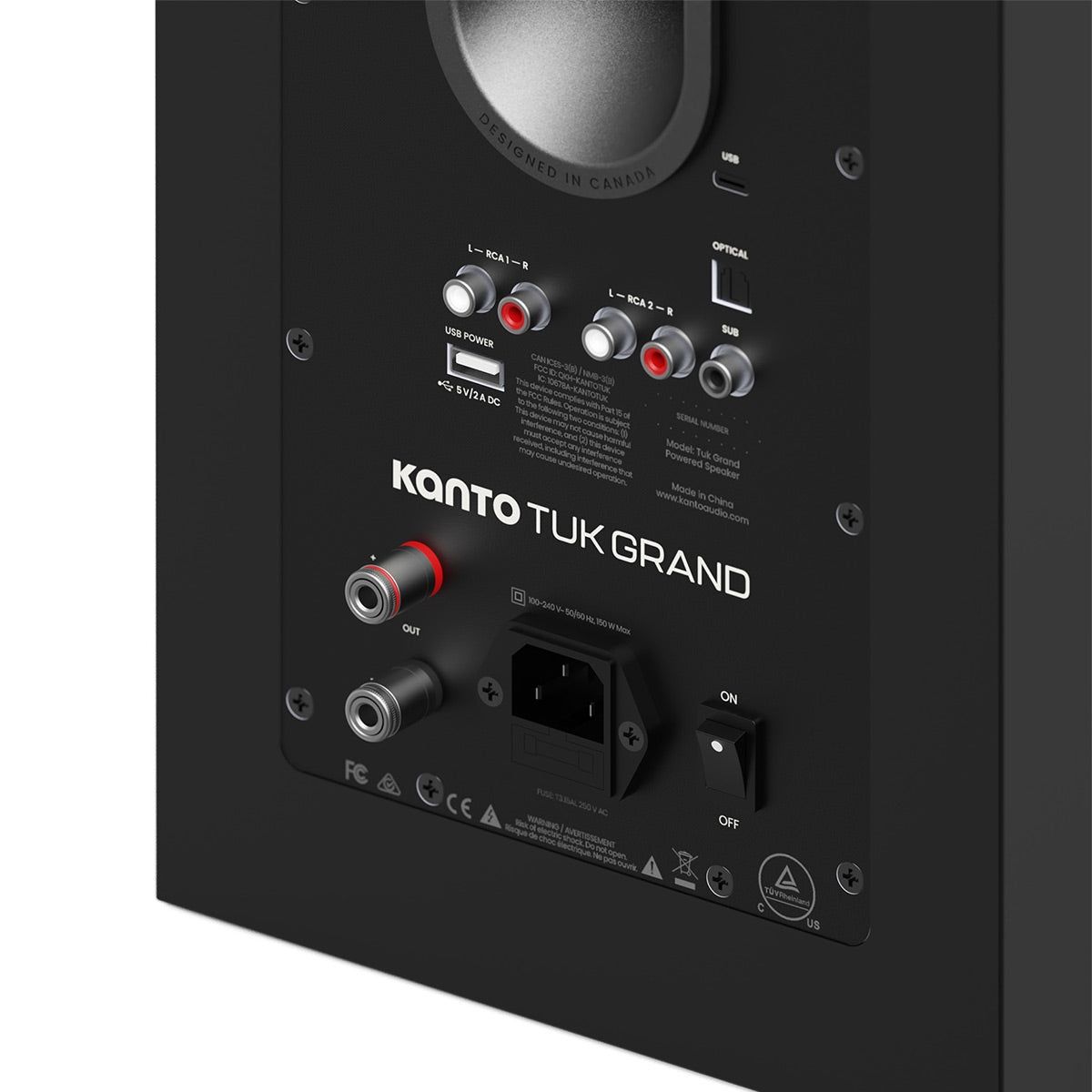 Matte black speaker back panel with RCA, optical, and USB inputs
