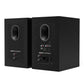 Matte black bookshelf speakers with rear-facing ports and multiple input connections
