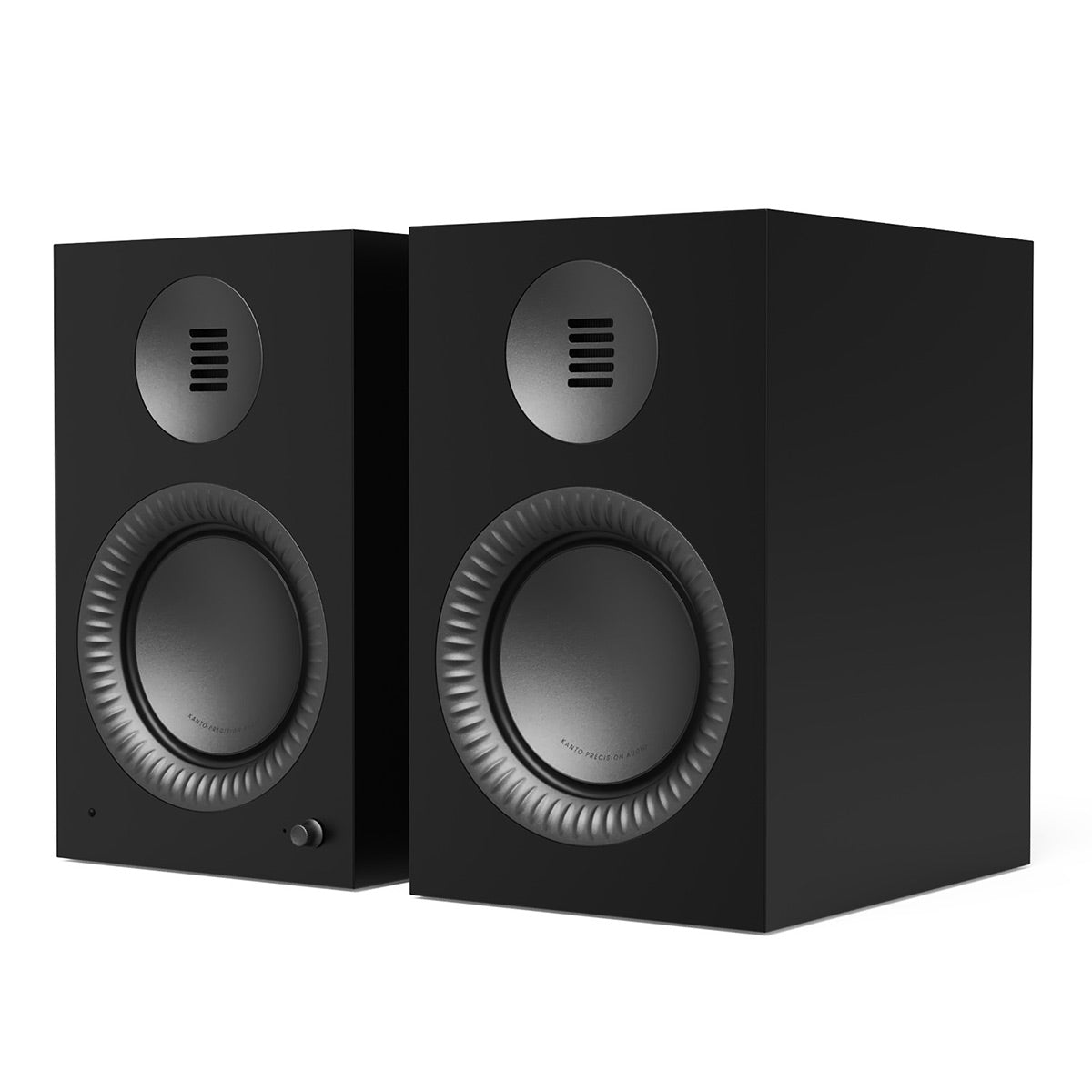 Matte black bookshelf speakers with front-firing tweeters and ribbed woofer surrounds