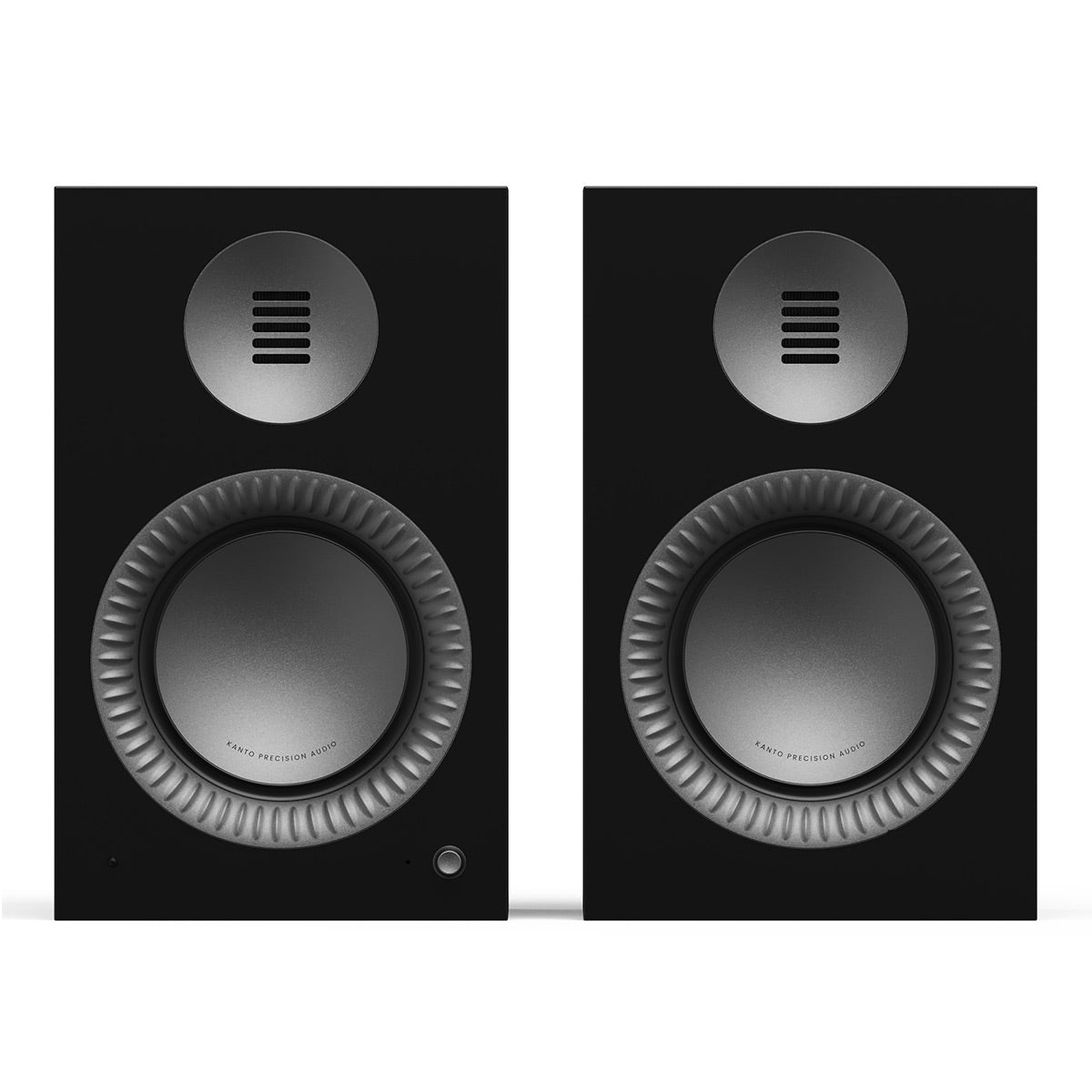 Matte black bookshelf speakers with silver tweeters and textured woofer surrounds
