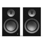 Matte black bookshelf speakers with silver tweeters and textured woofer surrounds