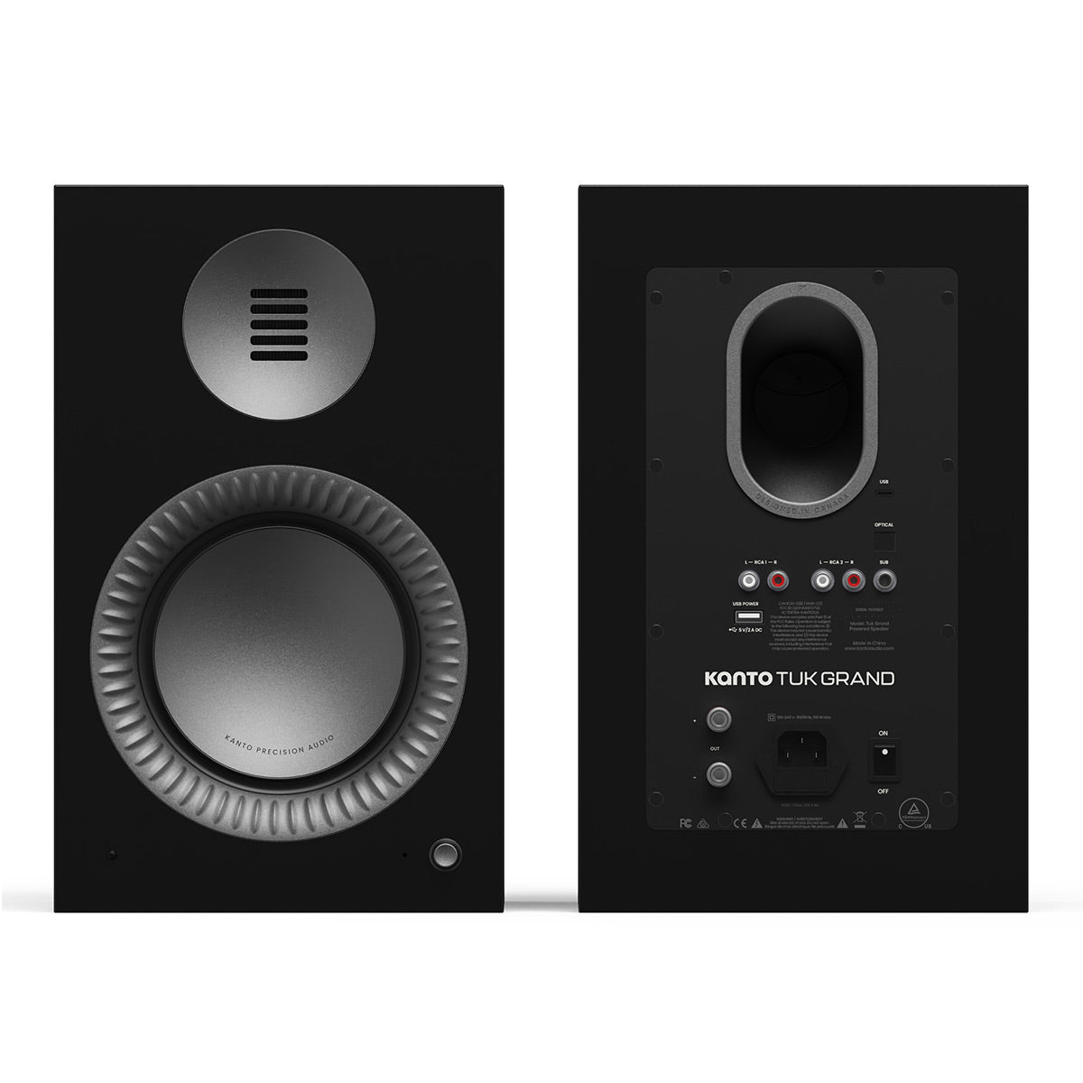 Matte black bookshelf speaker with a front-facing woofer and rear panel featuring multiple input por