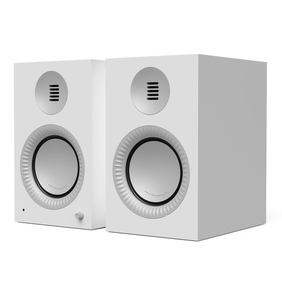 Pair of matte white bookshelf speakers with silver tweeters and large woofers