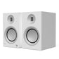 Pair of matte white bookshelf speakers with silver tweeters and large woofers