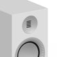 Matte white bookshelf speaker with a silver tweeter and a textured woofer surround