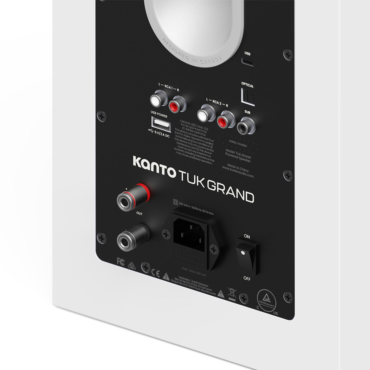 Matte white speaker rear panel with RCA inputs, optical port, and power switch
