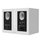 Matte white bookshelf speakers with rear-facing ports and multiple input connections