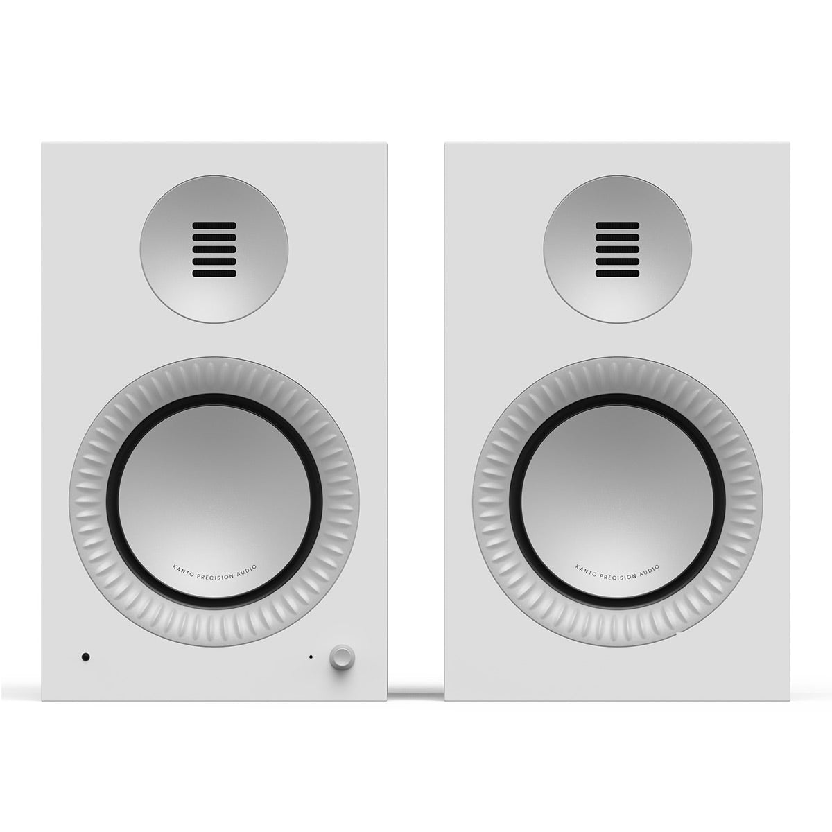 Matte white bookshelf speakers with silver drivers and a textured woofer surround