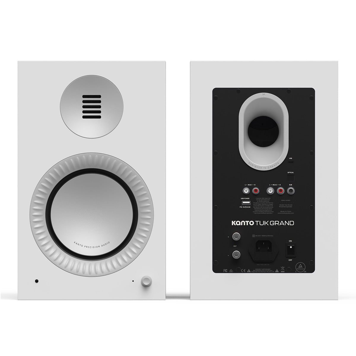 Matte white bookshelf speaker with a silver woofer and rear input panel