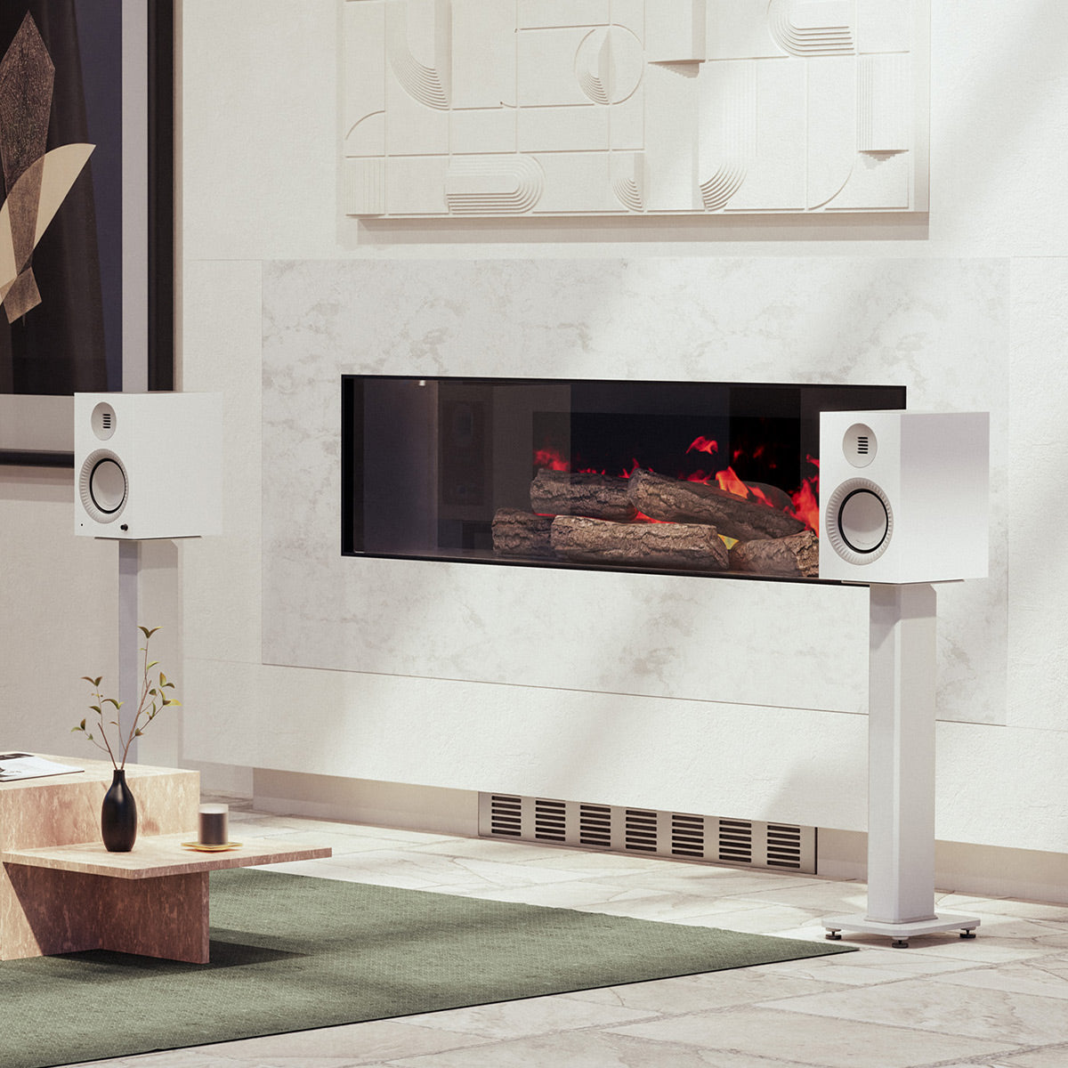 Matte white bookshelf speakers with front-firing woofers and tweeters on stands