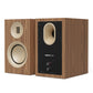 Pair of bookshelf speakers with matte walnut wood finish and cream-colored drivers