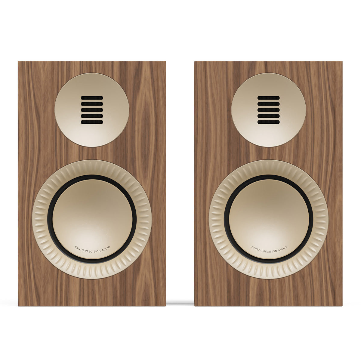 Pair of bookshelf speakers with matte walnut wood veneer cabinets and cream-colored drivers
