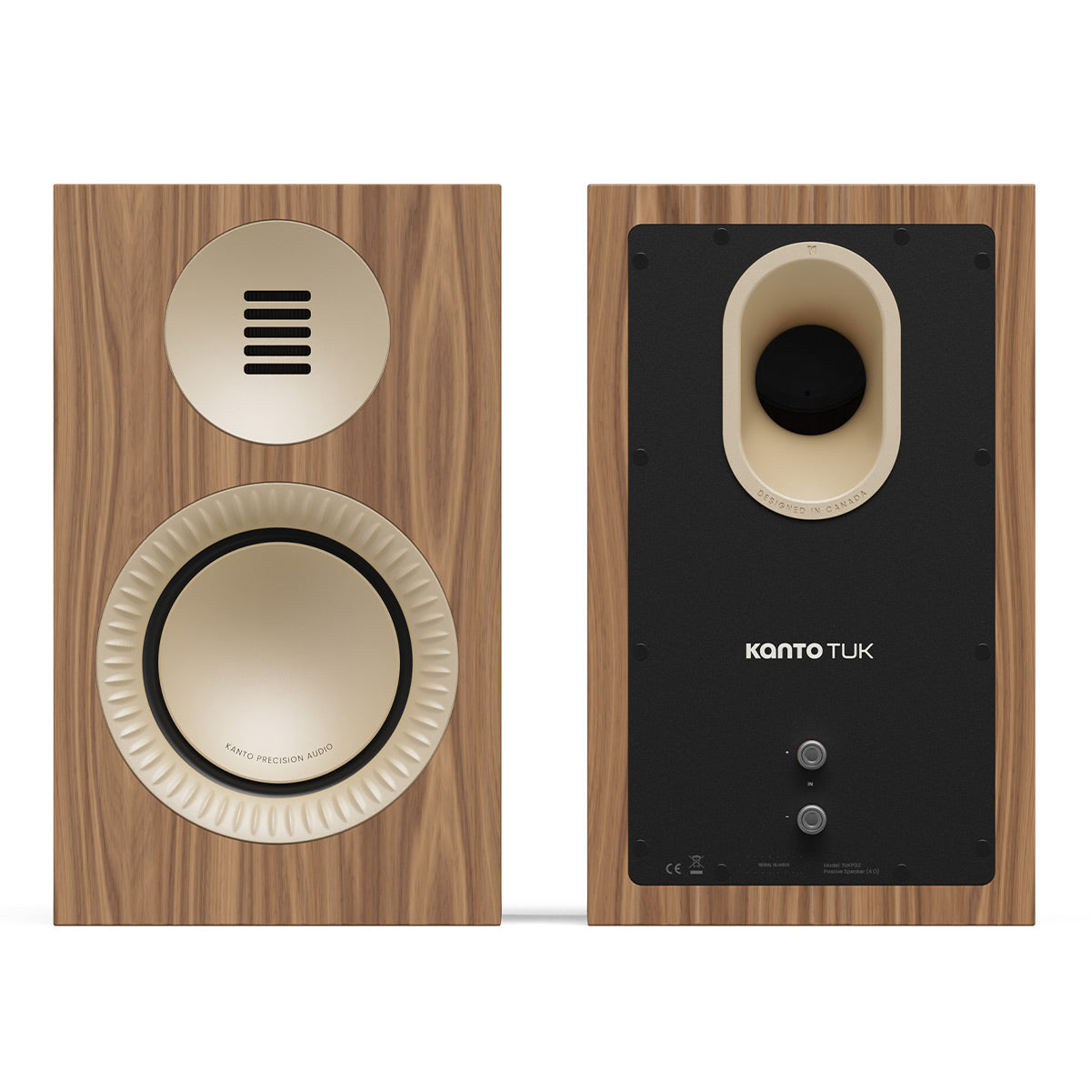 Pair of matte walnut bookshelf speakers with cream-colored drivers and rear binding posts