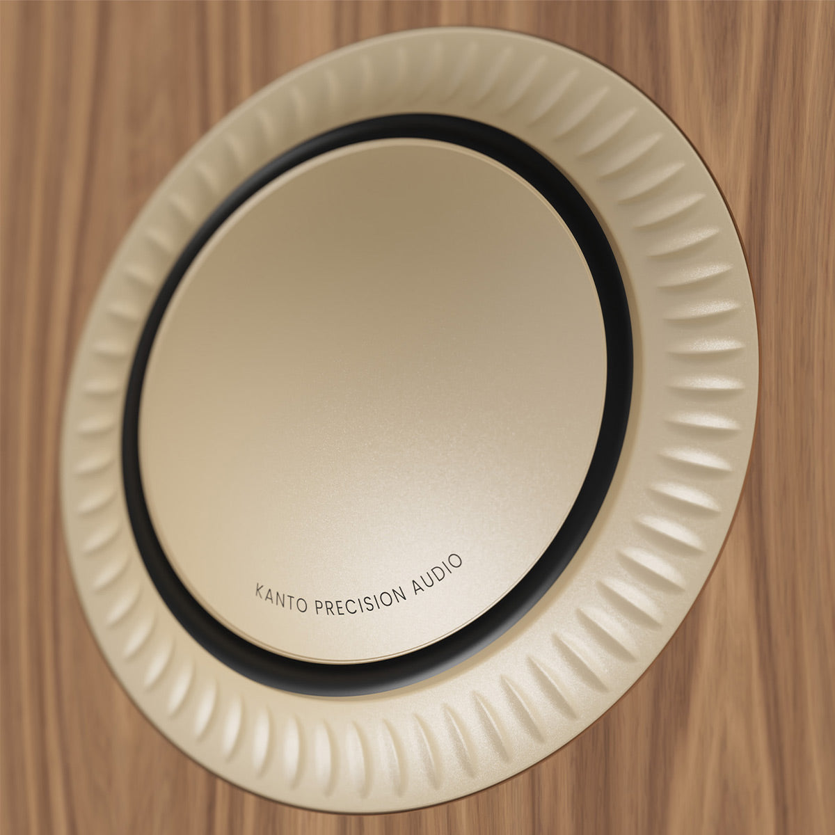 Gold-tone speaker driver with a textured surround and black rubber trim