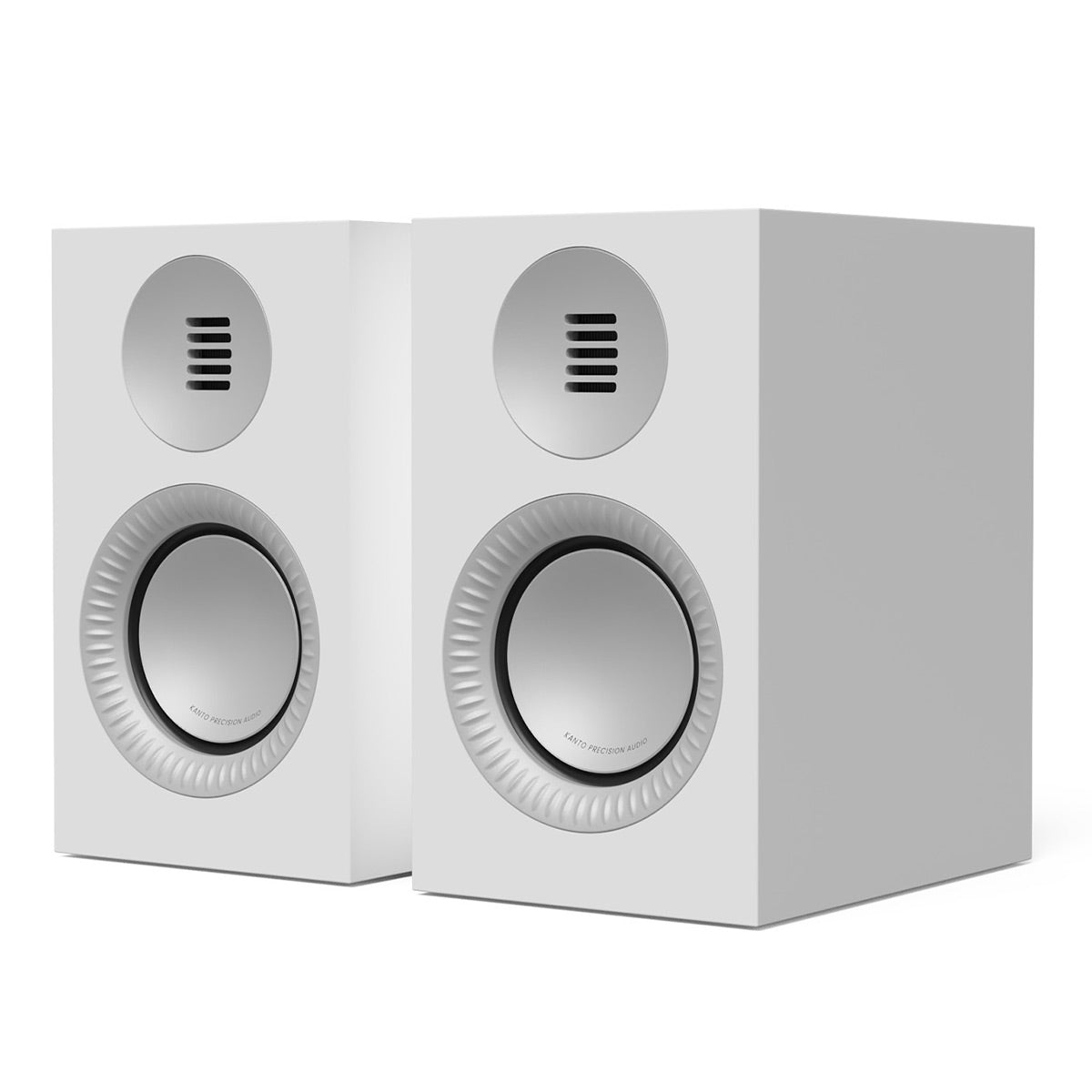 Matte white bookshelf speakers with silver drivers and a front-firing tweeter