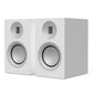 Matte white bookshelf speakers with silver drivers and a front-firing tweeter