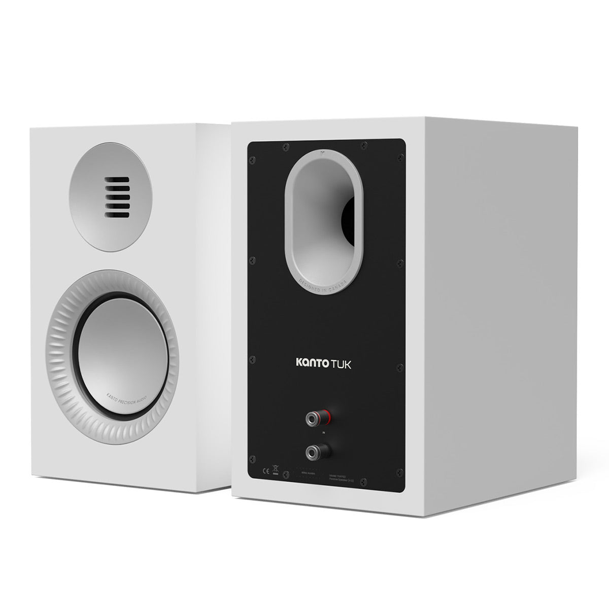 Matte white bookshelf speaker with a silver tweeter and woofer on the front and a rear port
