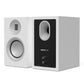Matte white bookshelf speaker with a silver tweeter and woofer on the front and a rear port