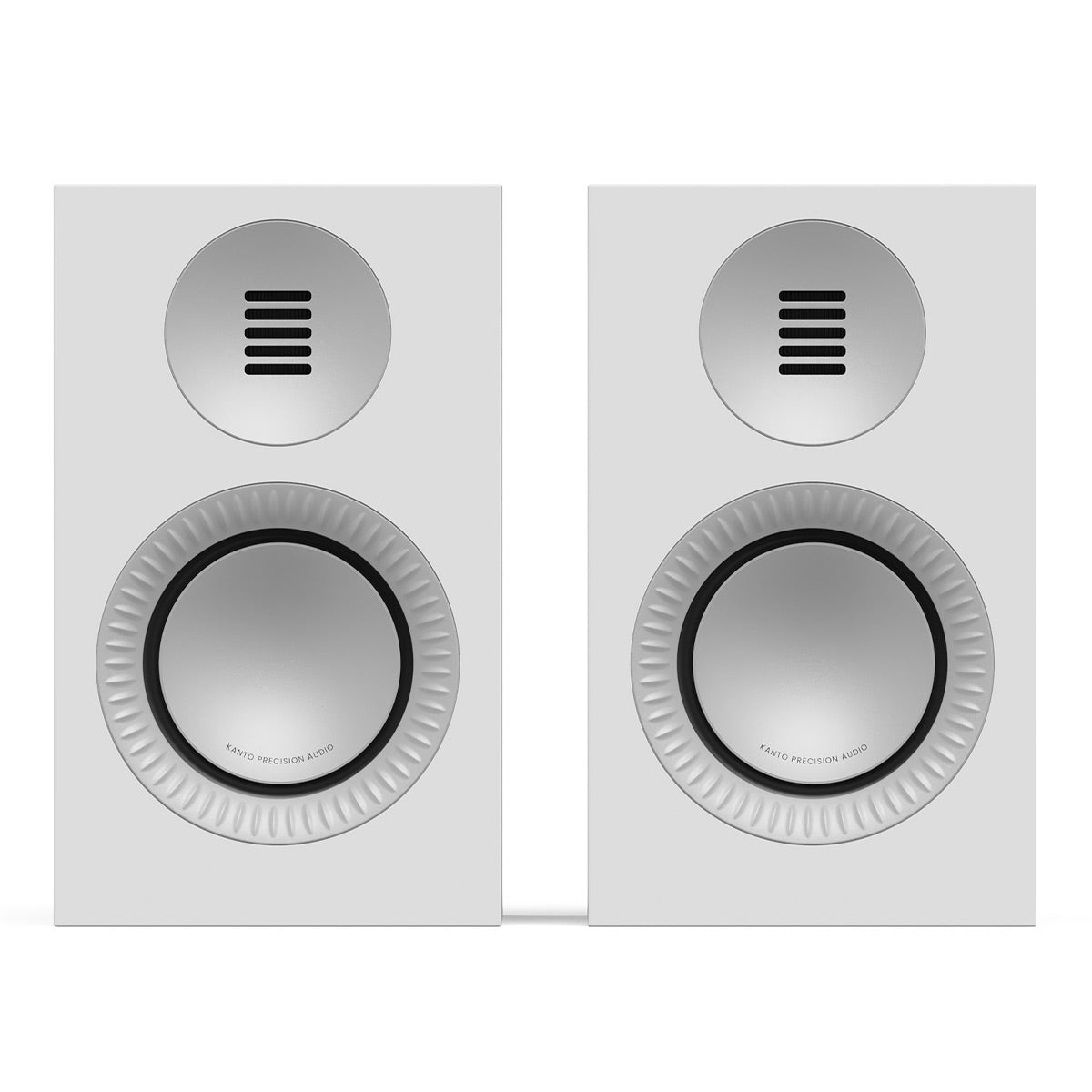 Matte white bookshelf speakers with silver drivers and horizontal tweeter grilles