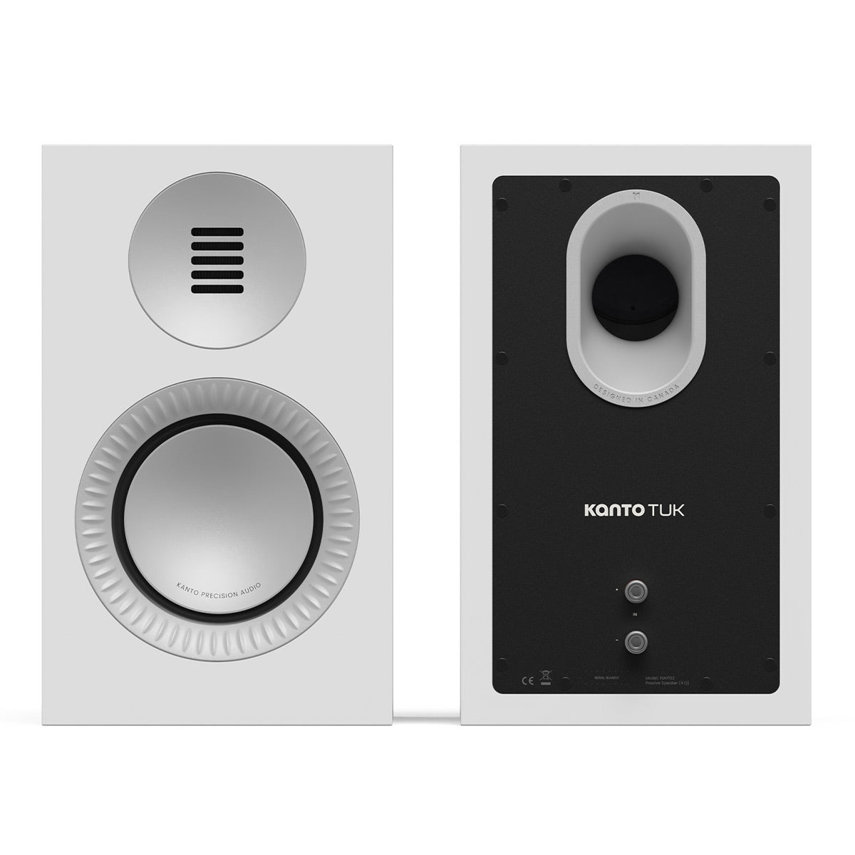 Matte white bookshelf speaker with silver woofer and tweeter on front, rear panel with binding posts