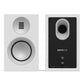 Matte white bookshelf speaker with silver woofer and tweeter on front, rear panel with binding posts