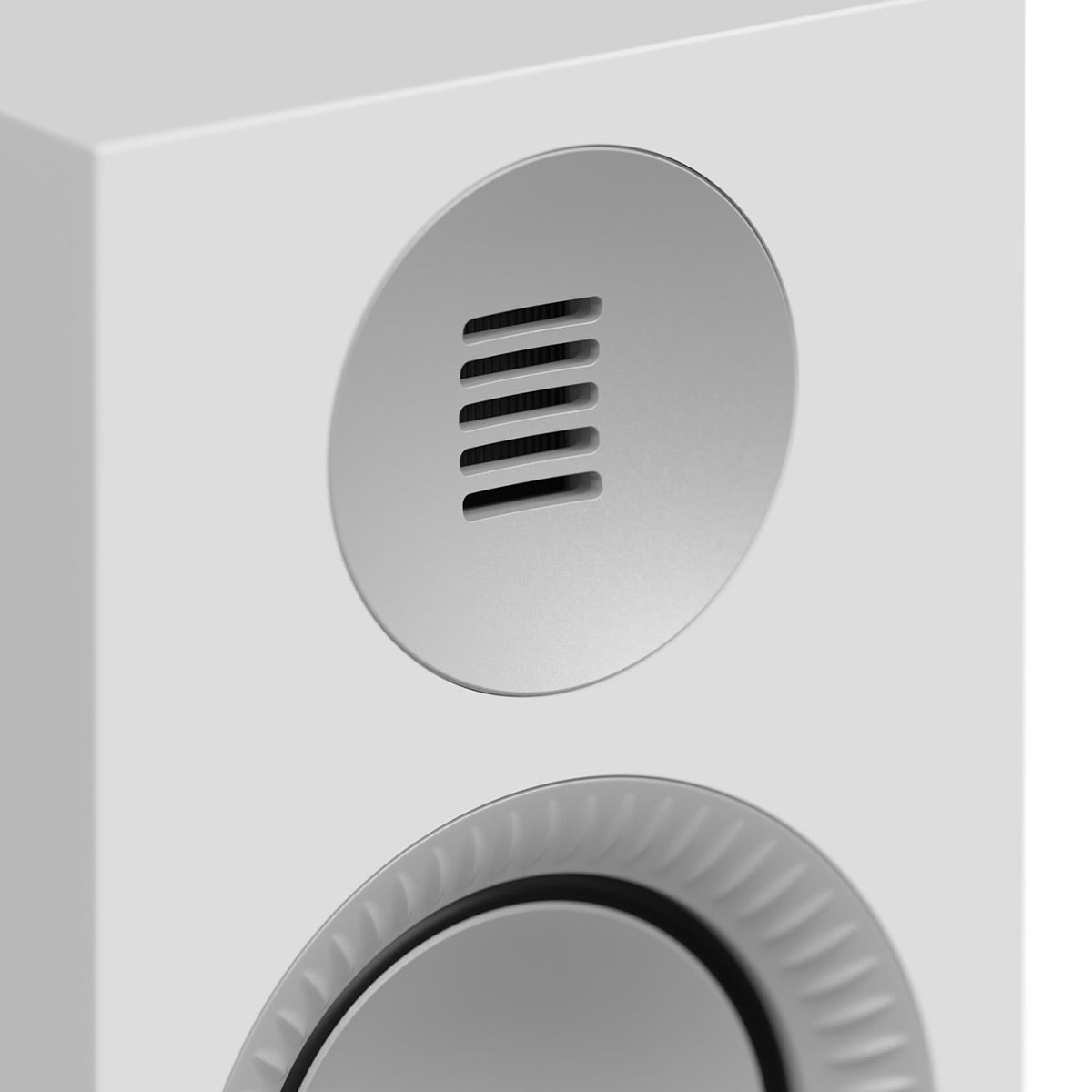 Matte white bookshelf speaker with a silver circular tweeter and a textured woofer cone