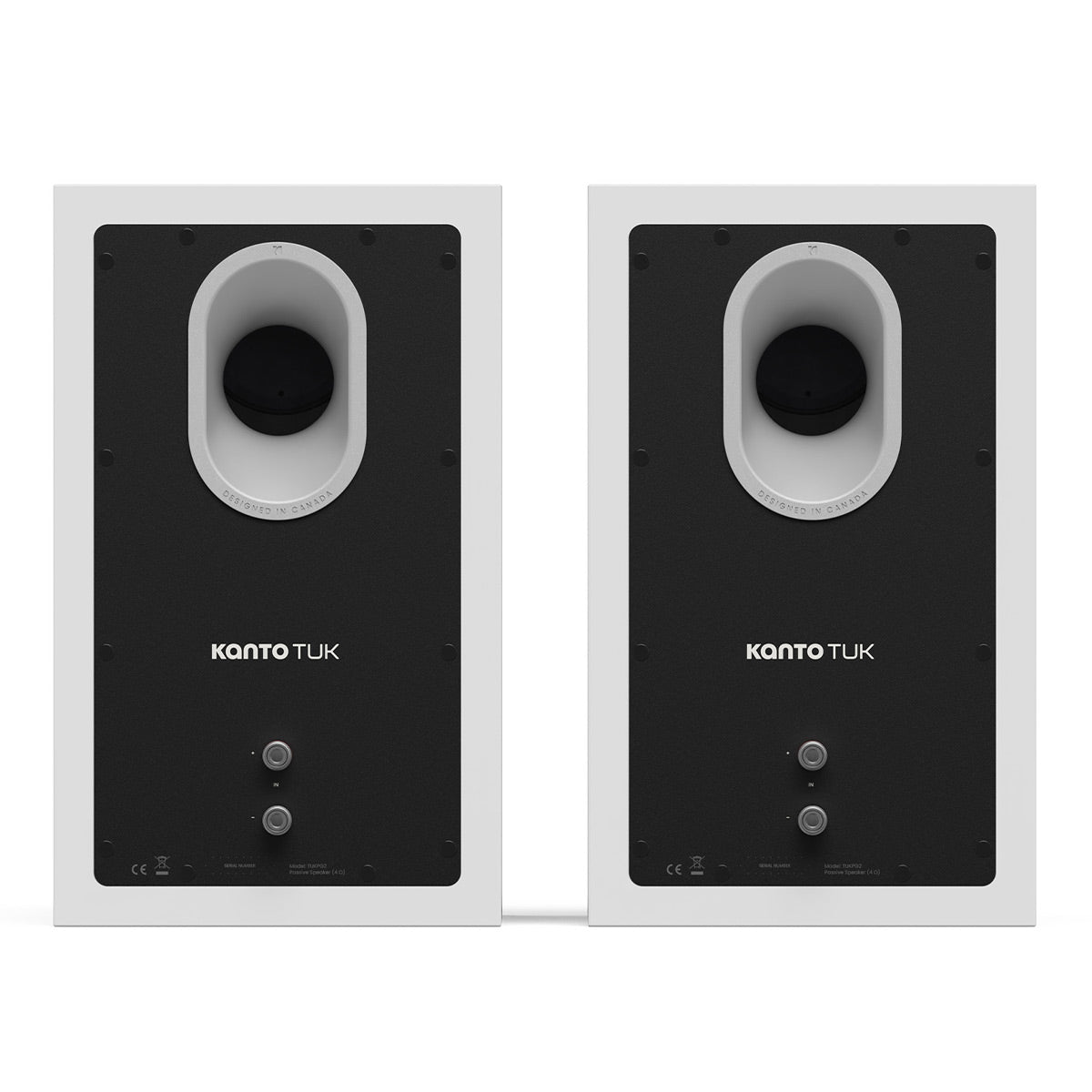Pair of matte white bookshelf speakers with black front baffles and oval tweeter ports