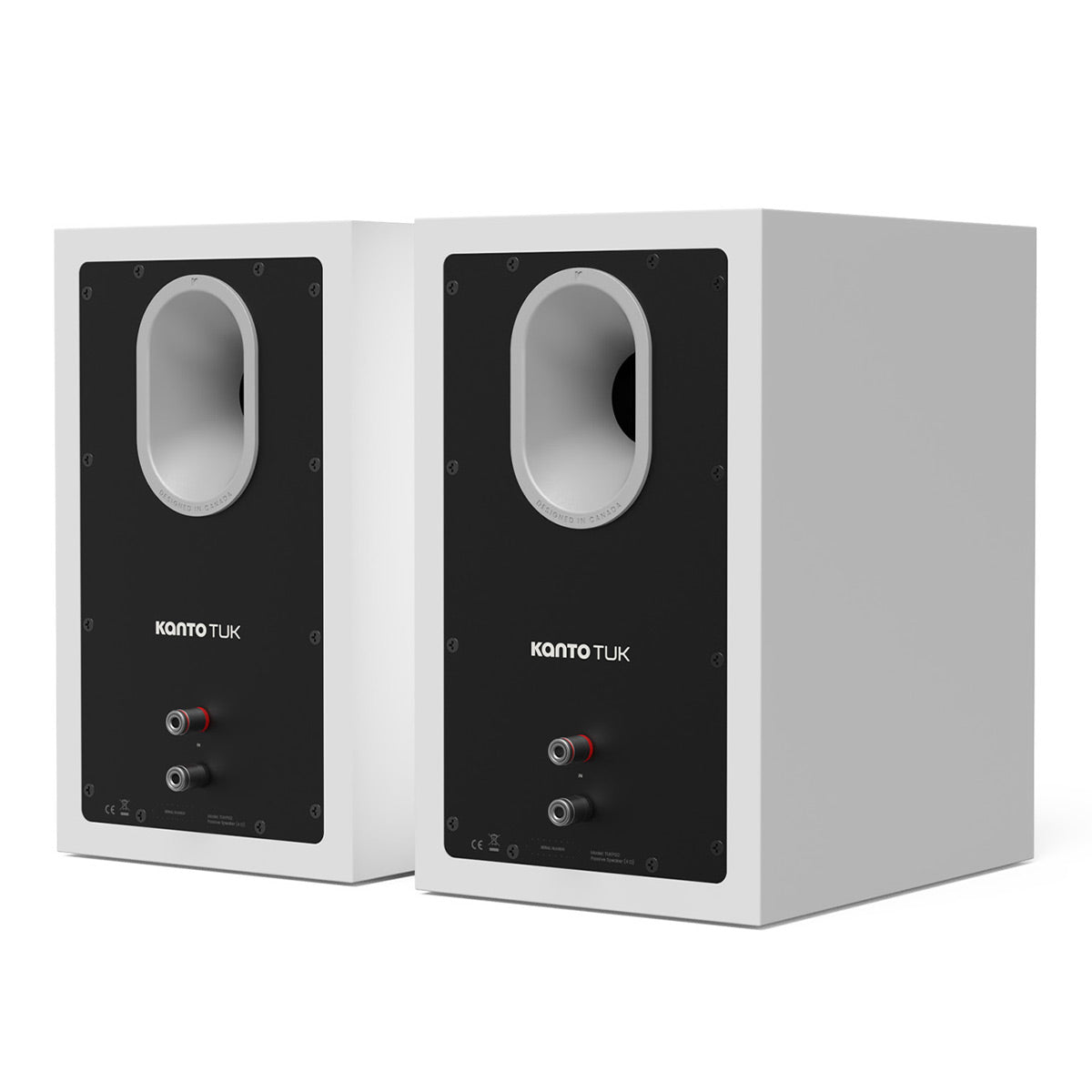 Matte white bookshelf speakers with black rear panels and oval bass ports