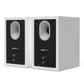 Matte white bookshelf speakers with black rear panels and oval bass ports