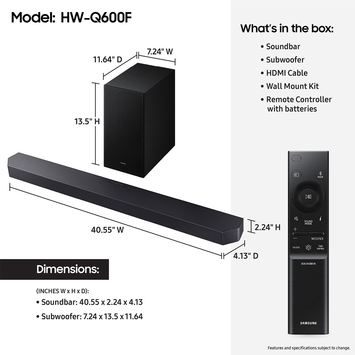 Samsung HW-Q600F 3.1.2 Channel Soundbar and Wireless Subwoofer