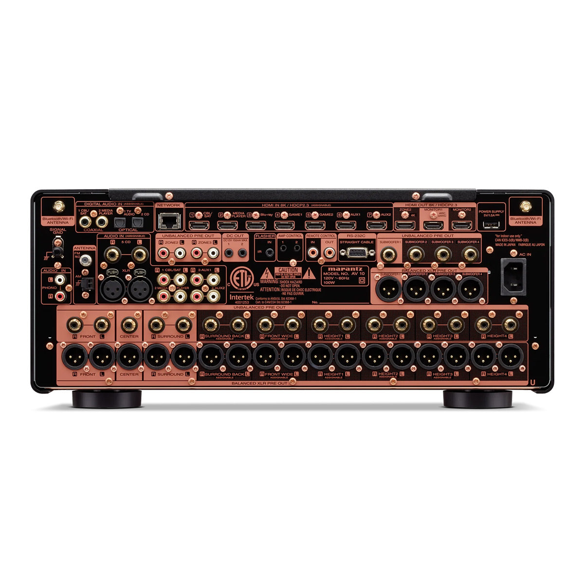 Black home theater pre-amplifier rear panel with copper-plated chassis and extensive XLR and RCA con