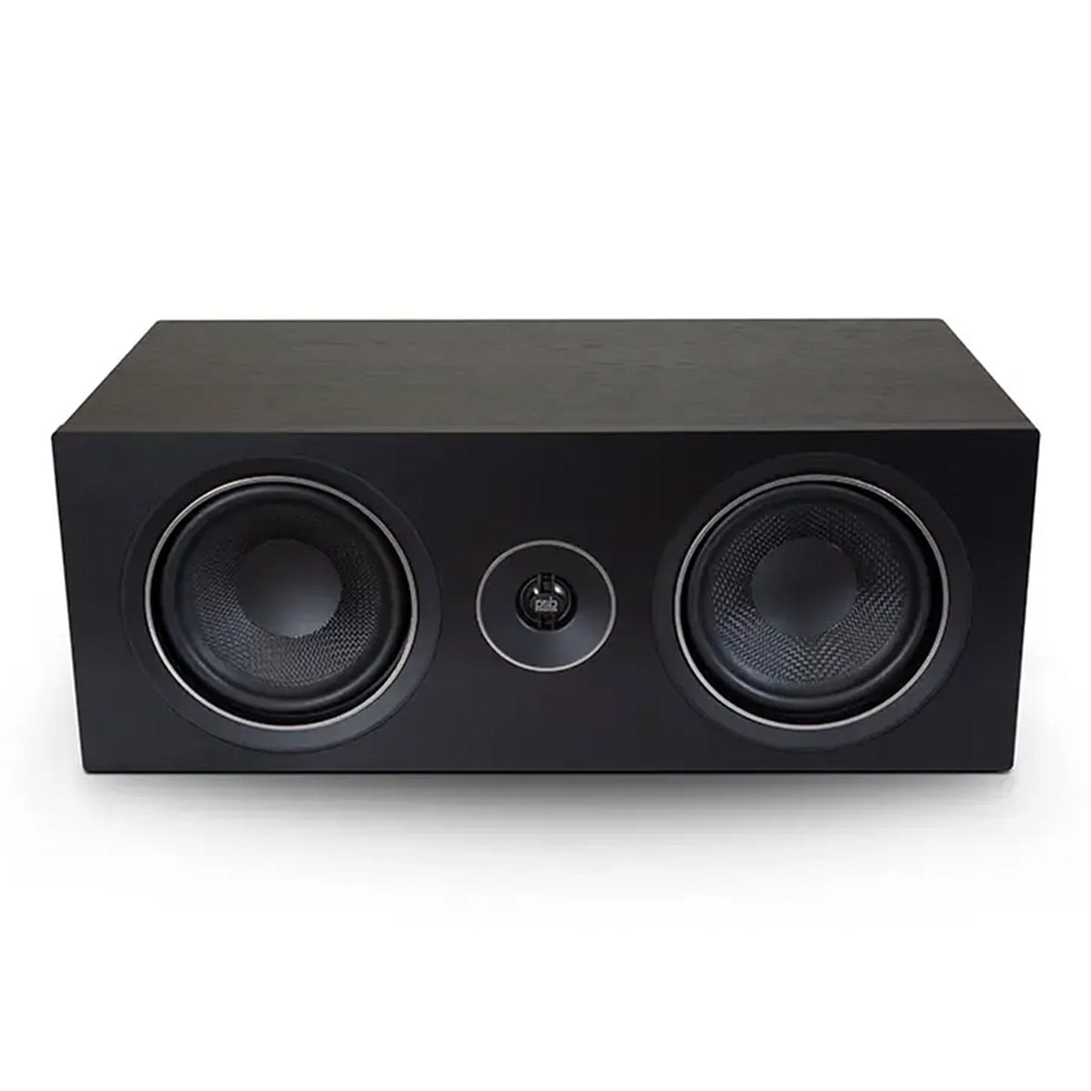 Black rectangular center channel speaker with dual woofers and a central tweeter