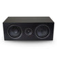 Black rectangular center channel speaker with dual woofers and a central tweeter