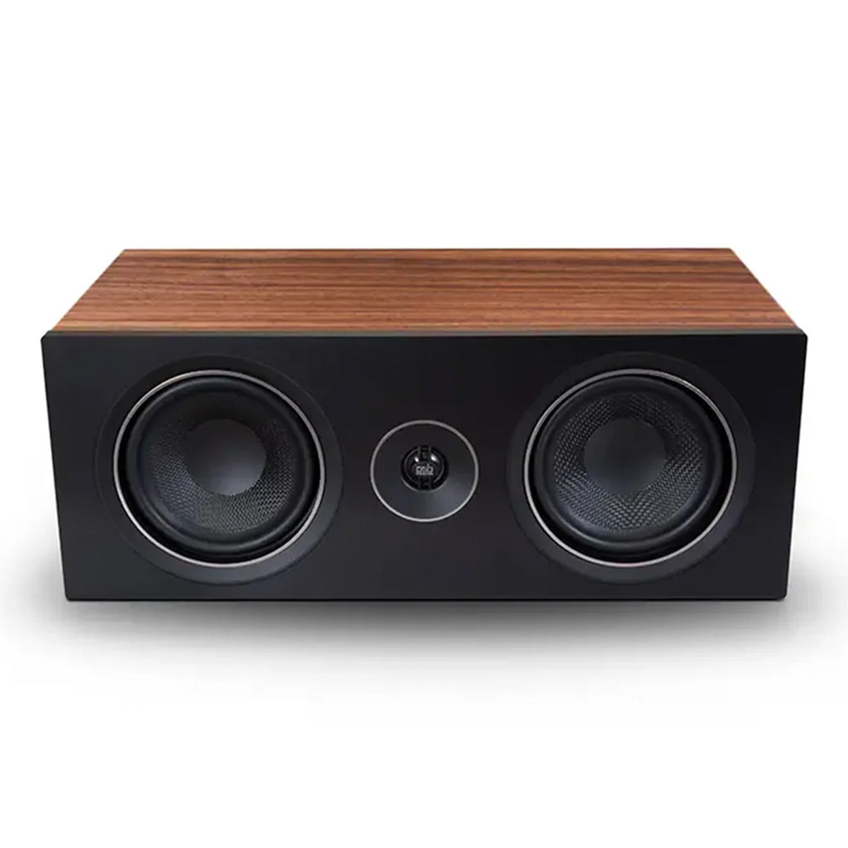 Walnut wood top center channel speaker with black front baffle and dual woofers