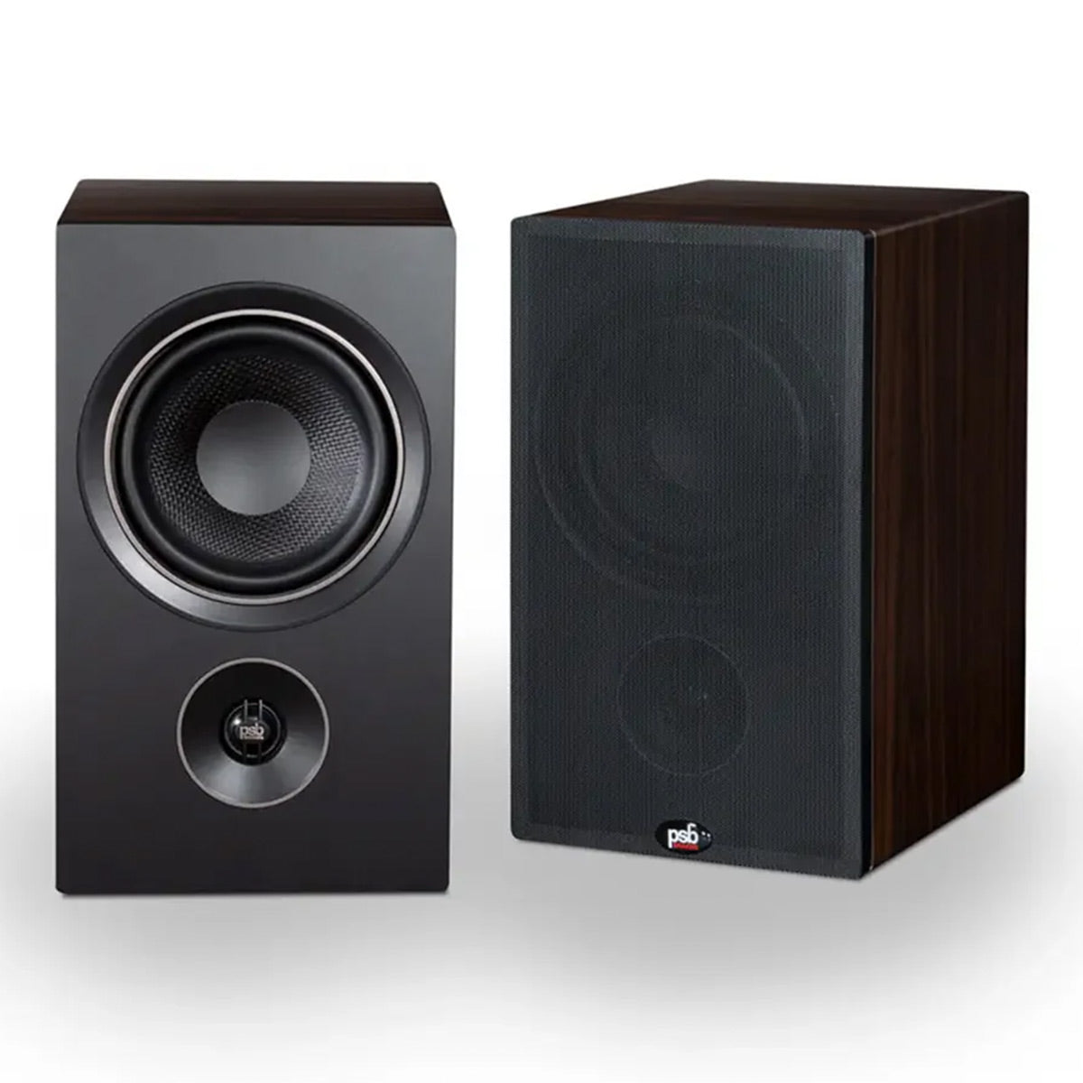 Pair of walnut bookshelf speakers with black front baffles and removable grilles