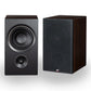 Pair of walnut bookshelf speakers with black front baffles and removable grilles
