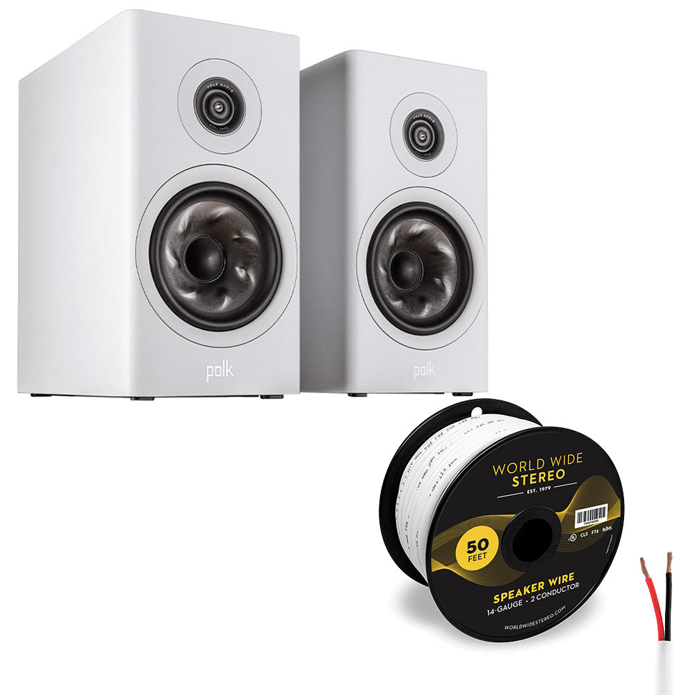 Polk Audio Reserve 200 Bookshelf Speaker Pair with 14 Gauge Speaker Wire - 50 Feet (White)