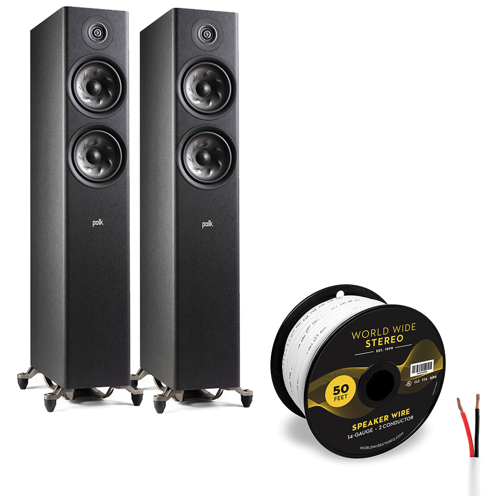 Polk Audio Reserve 600 Floorstanding Speaker Pair with 14 Gauge Speaker Wire - 50 Feet (Black)