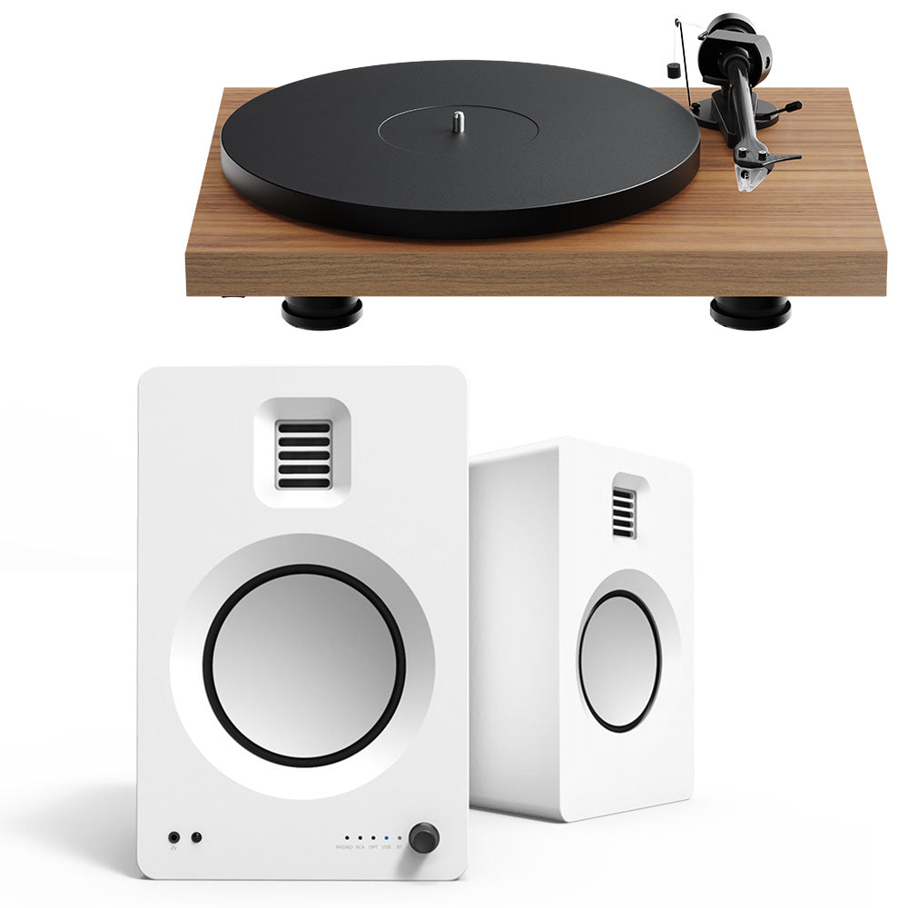 Pro-Ject Debut Evo 2 Turntable Bundle with Kanto TUK Premium Powered Bookshelf Speakers (Satin Walnut/Matte White)