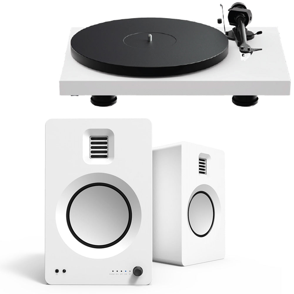 Pro-Ject Debut Evo 2 Turntable Bundle with Kanto TUK Premium Powered Bookshelf Speakers (Satin White/Matte White)