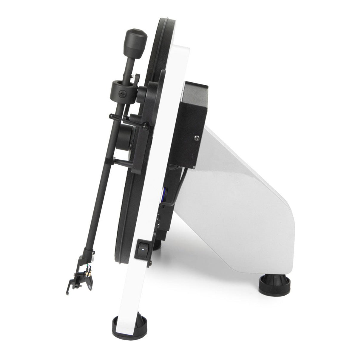 High gloss white vertical turntable with black tonearm and adjustable feet