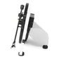 High gloss white vertical turntable with black tonearm and adjustable feet